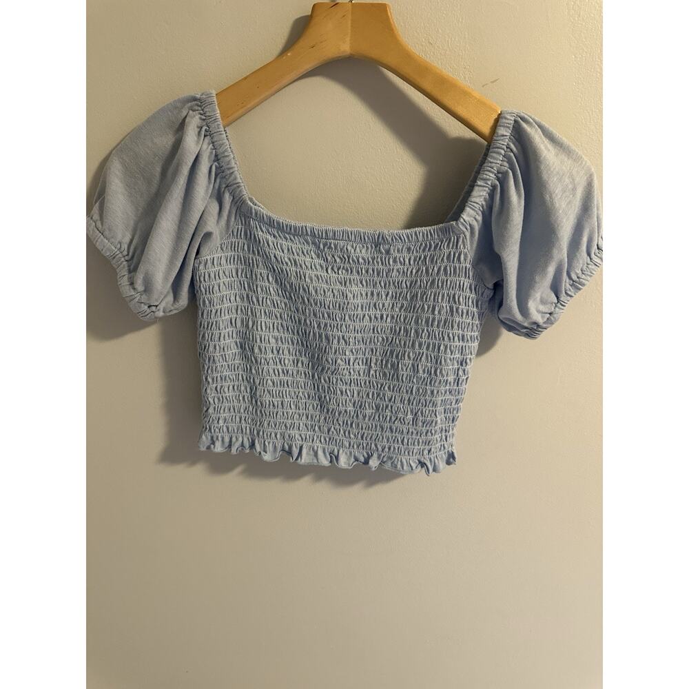 Simply Southern Blue Smocked Crop Top Small Cottagecore Milkmaid Puff Sleeve